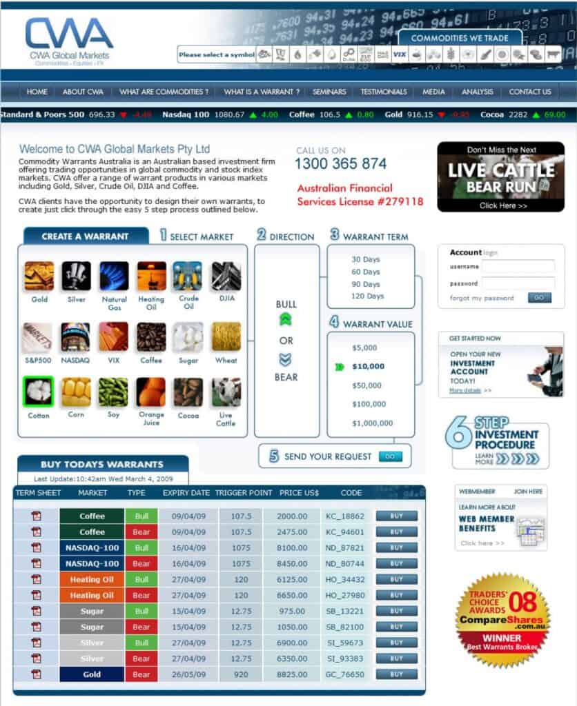 Webmanage client portfolio with investment options and market data.
