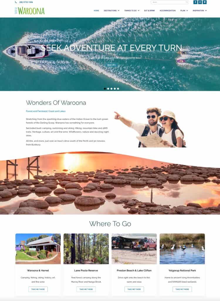 Scenic view of Waroona with boats on water and people enjoying outdoor activities.