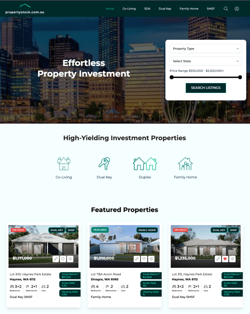 Webmanage real estate platform showcasing investment properties and listings.